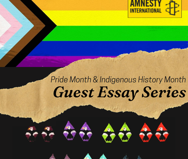 The Pride Progress flag is at the top of this graphic, with the Amnesty International logo in the top right corner. The bottom half of the graphic has beaded earrings. The middle of the image has the title: Pride Month and Indigenous History Month. Guest Essay Series.