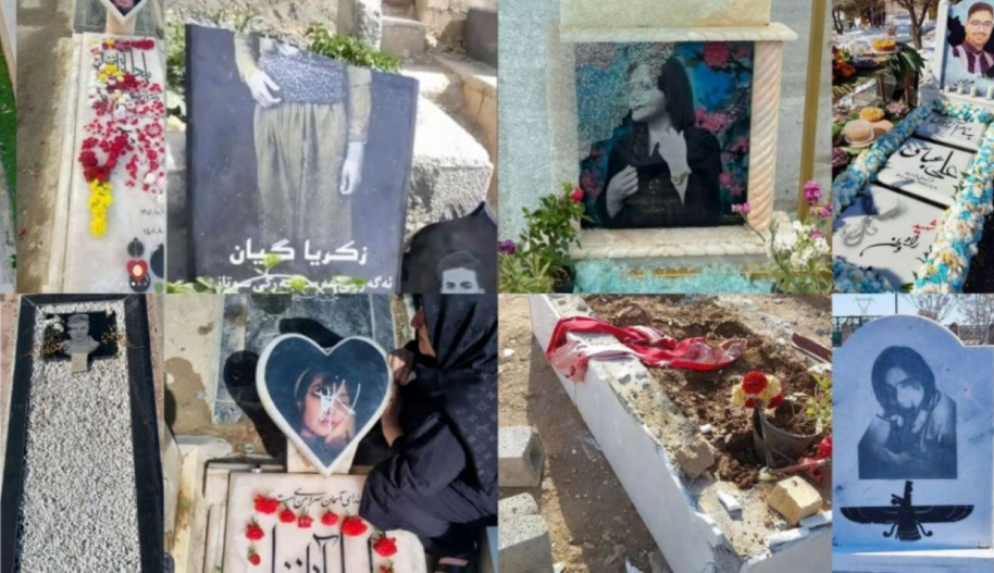Compilation of images of gravesites of those killed during Iran’s Women Life Freedom uprising in the fall of 2022. Photo credit: Amnesty International
