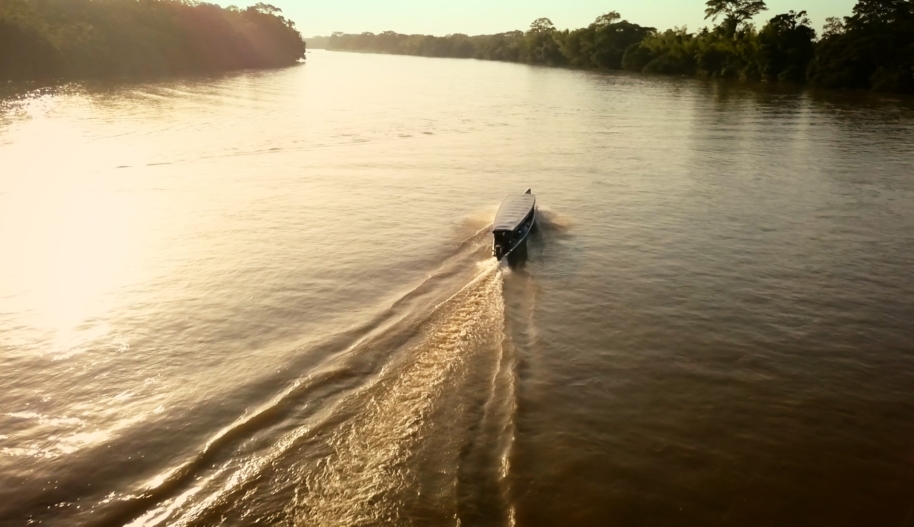 Boat travels up a beautiful river in the Amazon region