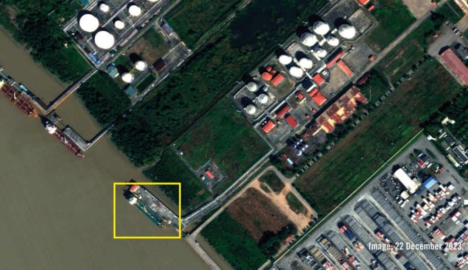What appears to be the Huitong 78 is visible at the former Puma Energy terminal in Thilawa, Myanmar, offloading jet fuel. © 2024 Planet Labs, inc.