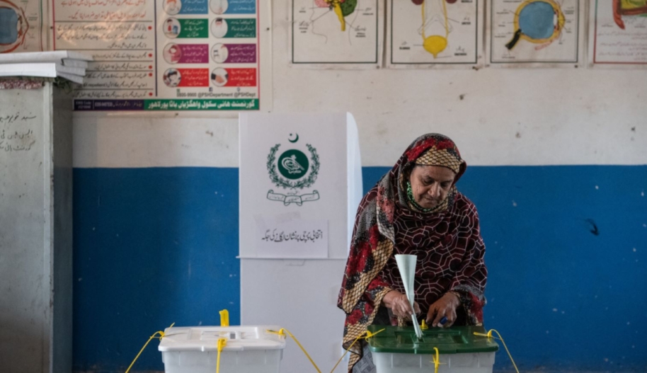 A Pakistani voter casts their ballot during polling for Pakistan's general election at a polling station on February 08, 2024 in Wahgrian, Pakistan. Pakistan's general elections are of importance not only for the country's internal stability but also for its geo-political significance.(Photo by Rebecca Conway/Getty Images)