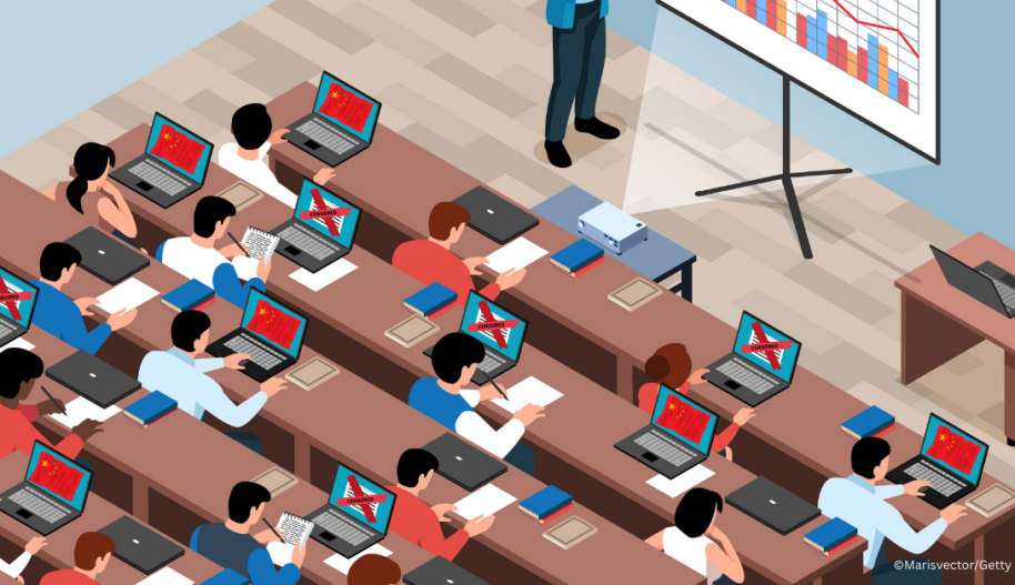 An illustration showing people sitting behind rows of desks in a lecture hall with their laptop computers open