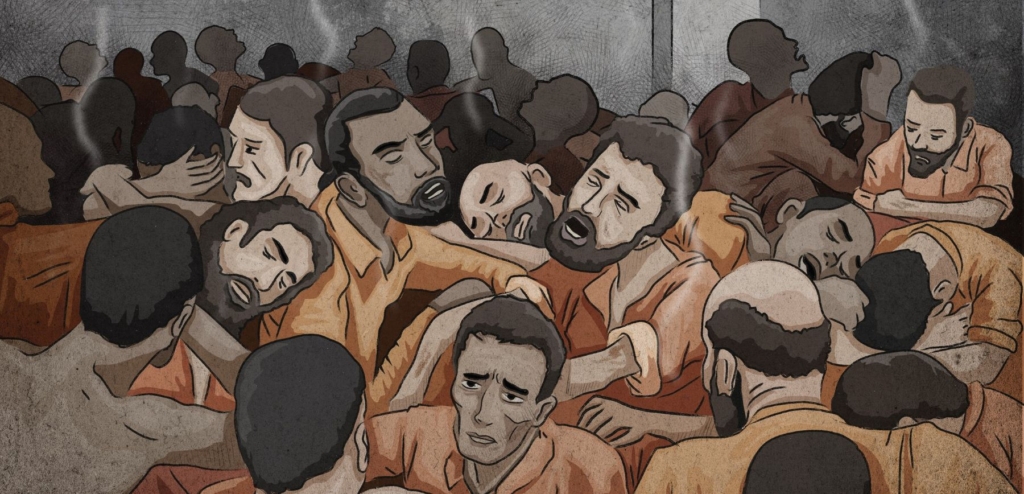 North-east Syria: Men held in a security force detention facility. Illustration by Colin Foo. © Amnesty International