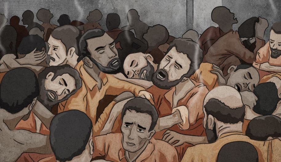 North-east Syria: Men held in a security force detention facility. Illustration by Colin Foo. © Amnesty International