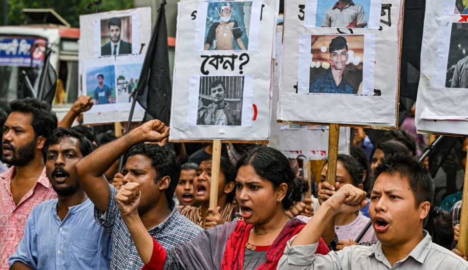 Protesters are taking part in a protest march against the mass arrest and killing of protesters during last week's violence amid anti-quota protests, in Dhaka, Bangladesh, on July 28, 2024. Photo by Zabed Hasnain Chowdhury/NurPhoto via Getty Images.