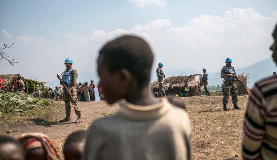 Indian peacekeepers stand guard at the Internally Displaced Persons Camp (IDPs) in Buleusa on July 16, 2016. Photo by EDUARDO SOTERAS/AFP via Getty Images.